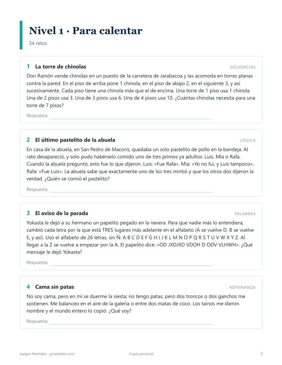 Página de retos del nivel 1