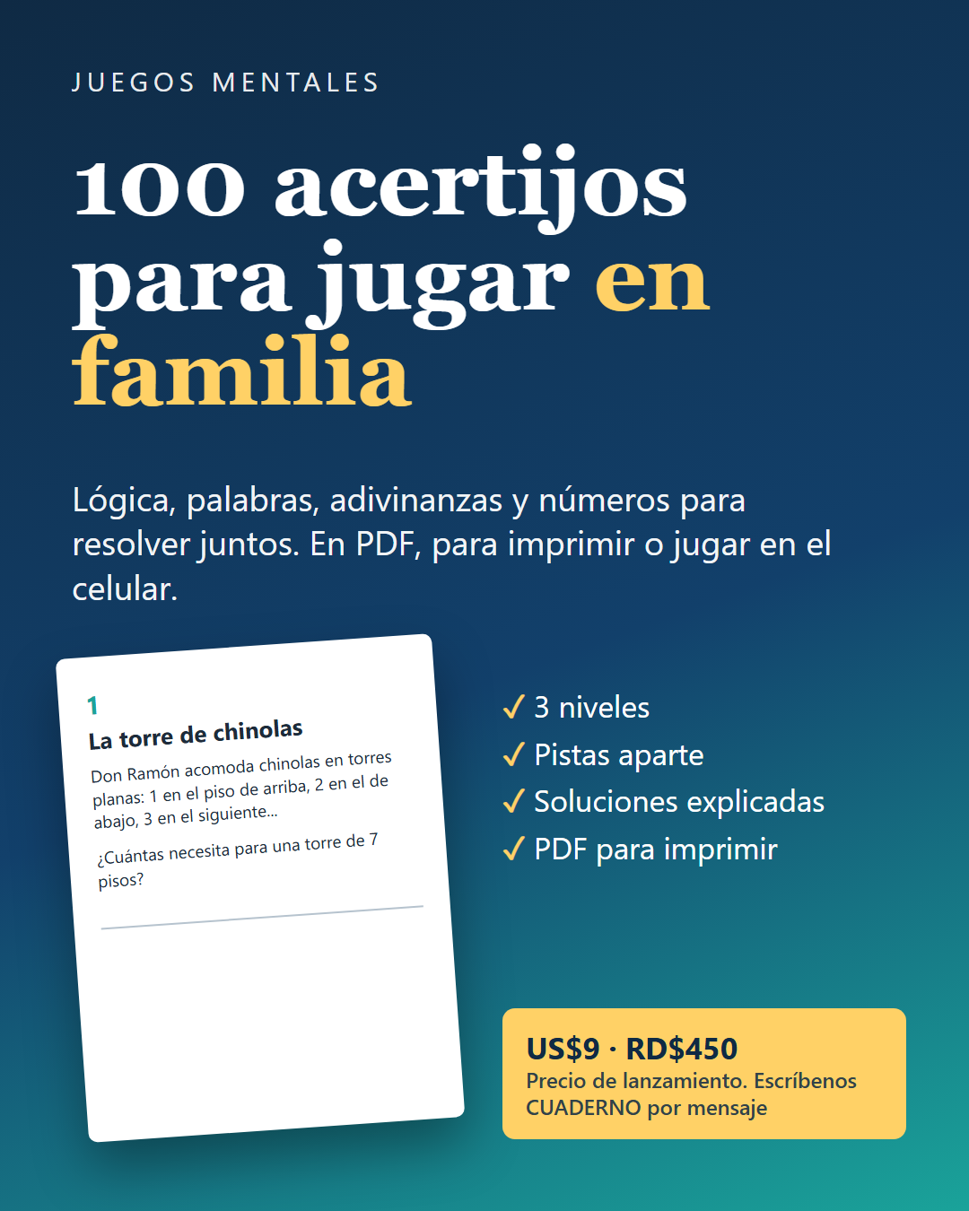 Portada del cuaderno 100 acertijos para jugar en familia